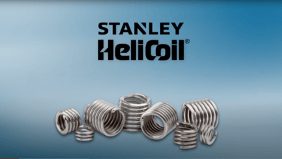 Stanley Heli-Coil logo with tagless inserts on blue background