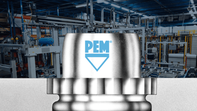 PEM logo imposed on self-clinching fastener with industrial background